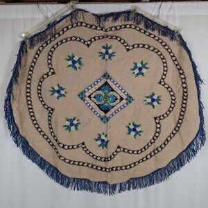 Vintage Round Embroidered Floral Tablecloth Blue Beige Black 46" x 40"